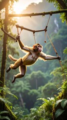 Monkey acrobatics: primate playfully swinging through a lush tropical jungle
