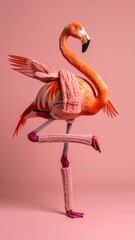 Whimsical flamingo gracefully balancing in yoga pose, adorned with knitwear