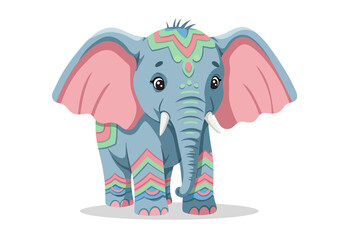 Fototapeta premium Cartoon Elephant with Colorful Decorative Patterns and Pink Ears