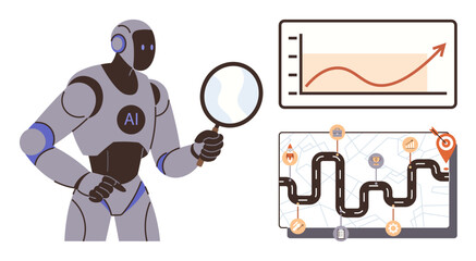 Robot with magnifying glass examining growth chart and roadmap with milestones. Ideal for technology, analysis, innovation, AI systems, data science, planning, strategy, simple flat metaphor
