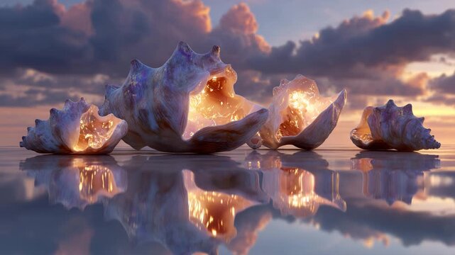 Glowing seashells illuminate a calm ocean at sunset. Warm sunset colors reflect on the still water, creating a serene atmosphere. The shells are large, detailed, and intricately textured.