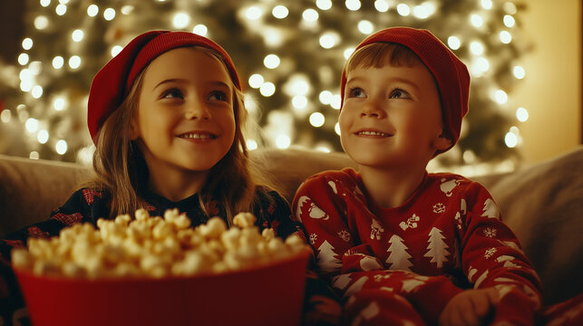 Two children watching Christmas movie with popcorn and lights - Powered by Adobe