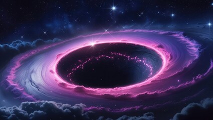 Swirling pink nebula around a cosmic black hole with stars