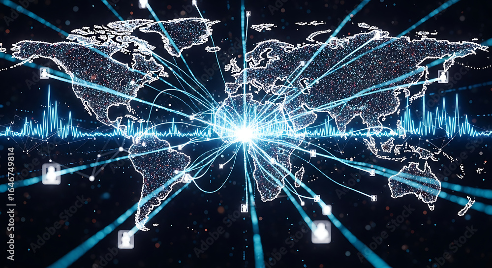 Poster global network connections with world map and data visualization in blue and white tones design