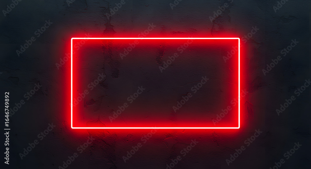 Aufkleber neon red frame: a vibrant and striking neon red rectangular frame against a dark textured wall, crea