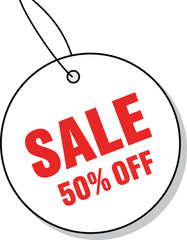 A white circular tag displaying a red "SALE 50% OFF" message, hanging by a string.