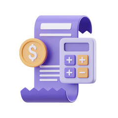 3D accounting icon with receipt calculator and dollar coin