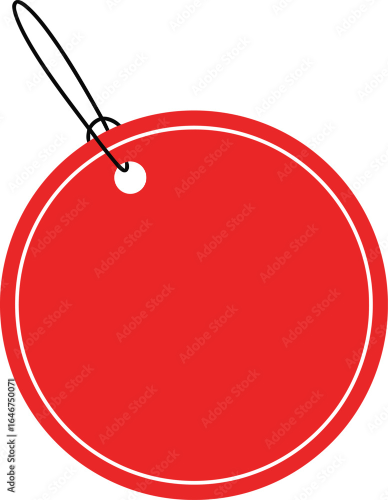 Poster a circular, red price tag with a black string loop.