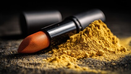 Close-up of a vibrant orange-red lipstick in a black tube, nestled amongst a pile of golden yellow powder
