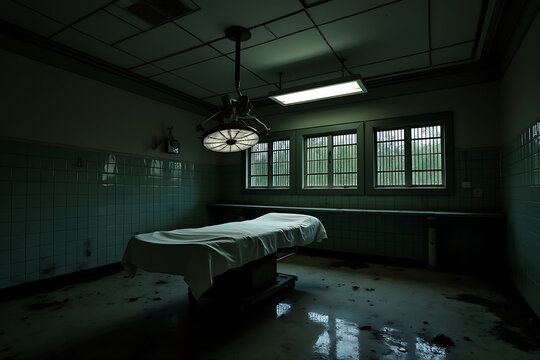 Creepy Abandoned Hospital Operating Room with Surgical Table and Gridded Windows in a Dark and Dilapidated Setting