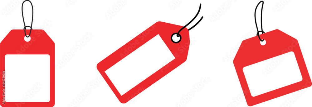 Poster three red rectangular tags with blank spaces, hanging from strings.