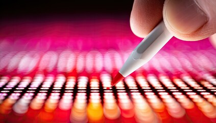 Close-up of hand holding stylus over digital display