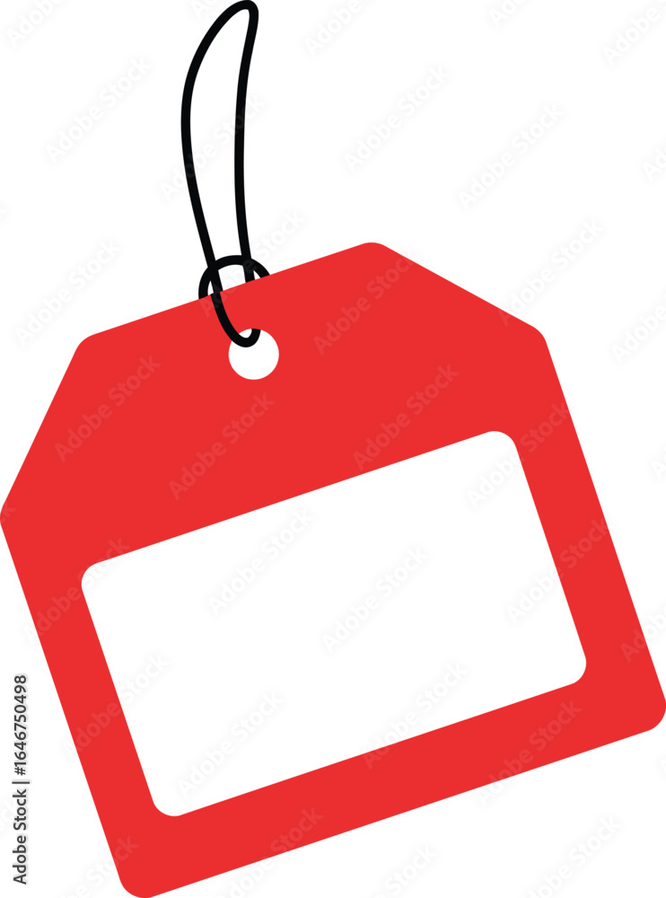 Poster a red tag with a blank white space, hanging from a string.