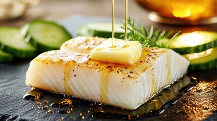 Turbot filet delicately prepared with perfect crust, topped with streaming butter drizzle, garnished with cucumber rounds and fresh rosemary on black slate platter
