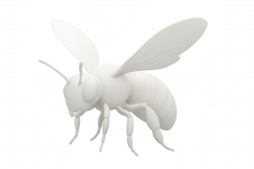 White 3d bee model flying, representing pollination and nature, featuring transparent background for seamless graphic design integration