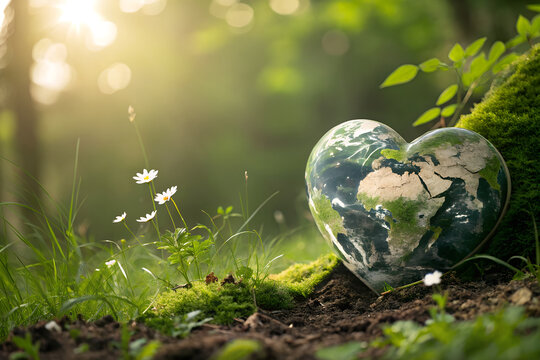 Love Your Planet: A heart-shaped Earth in a serene, sunlit forest, symbolizing environmental care, conservation, and sustainability for Earth Day generative ai