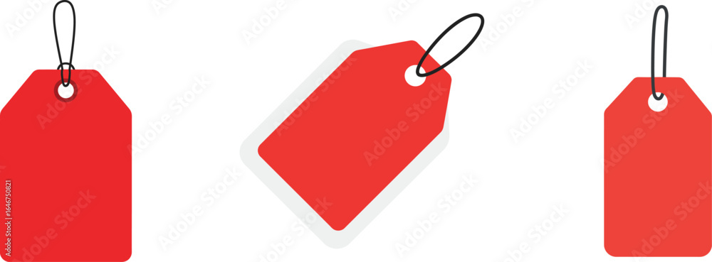 Poster three blank red price tags with string loops, displayed upright, angled, and upright.