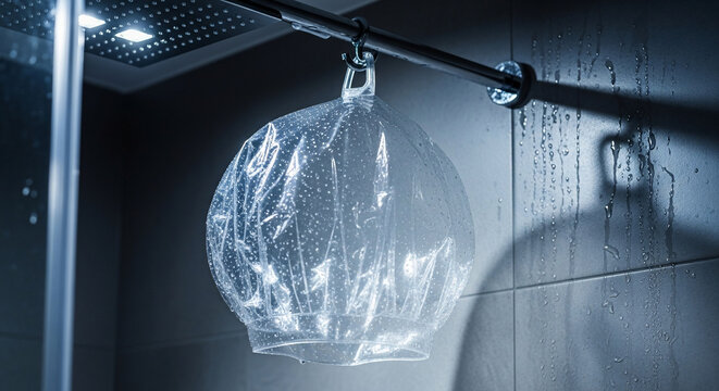 Transparent shower cap hanging in a modern bathroom with water droplets