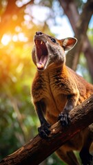 Obraz premium Tree Kangaroo's Vocal Display on High Branch with Bared Teeth in Natural Setting