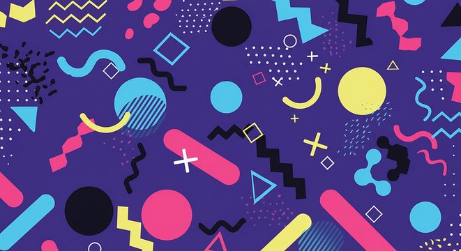 Abstract Memphis Style Pattern Background with Geometric Shapes in Vibrant Colors