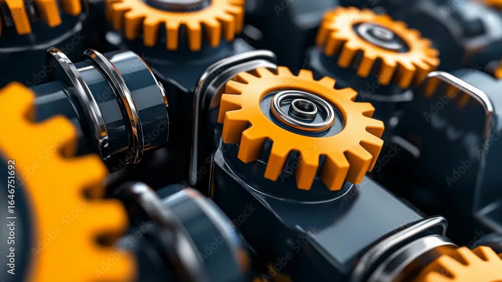 Poster close-up of interconnected orange gears and mechanical components on a dark background