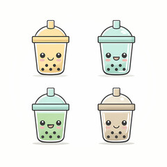 Adorable array of bubble tea characters with smiling faces various flavors and colors set on a clean white background