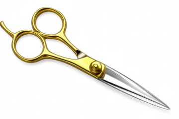 Sharp golden hairdressing scissors lying open on a transparent background, ready for a professional haircut