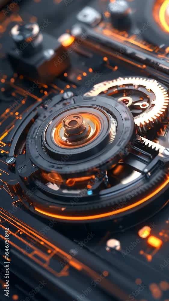 Aufkleber futuristic gears and circuits with glowing orange accents creating a high-tech mechanical design