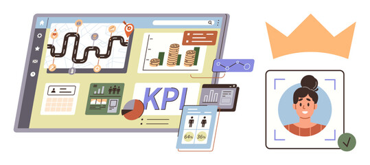 Digital business dashboard featuring metrics, KPI graphs, financial charts, user profile, and mobile reports. Ideal for performance tracking, goal setting, business growth, management analytics