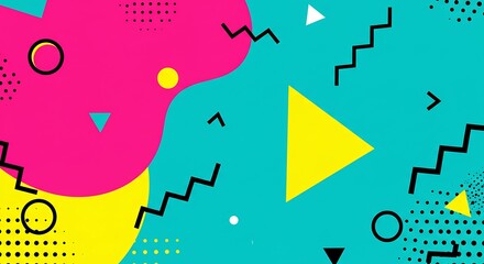 Colorful abstract geometric background with vibrant shapes and patterns in a retro 80s and 90s Memphis style for creative design