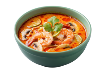 Traditional Thai celadon bowl of vibrant Tom Yum Goong soup with shrimp, mushrooms, cilantro, and lime on transparent background, authentic spicy sour delight concept