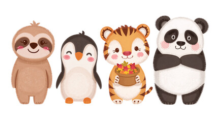 Charming cartoon animal group featuring sloth, penguin, tiger and panda against transparent backdrop
