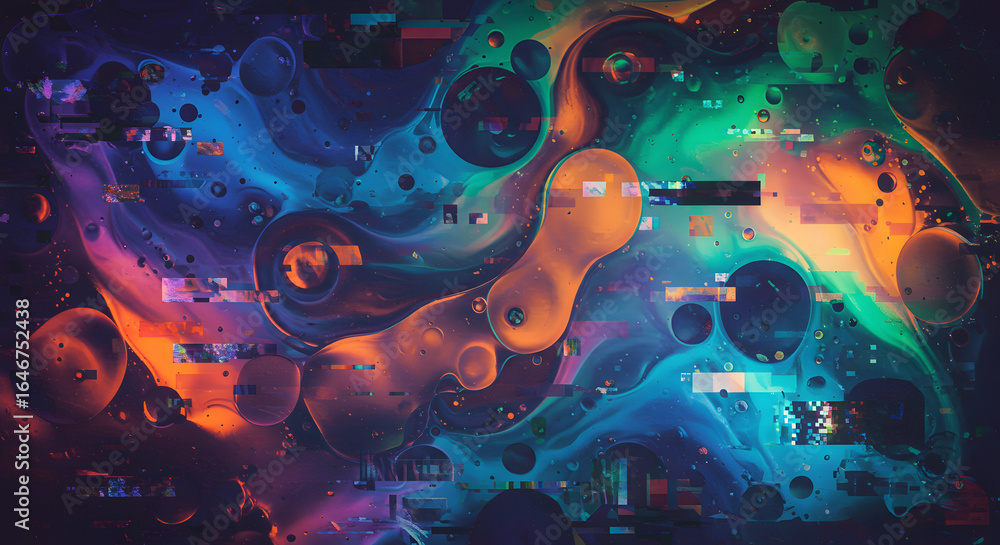 Poster cosmic symphony: an abstract composition explodes with vibrant colors and fluid forms, simulating th