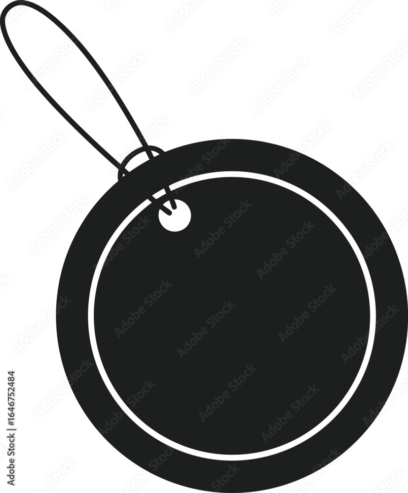 Poster a simple, black, round tag with a string loop.
