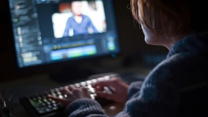 Person typing at a computer with a video editing display - Powered by Adobe
