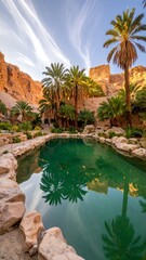 Oasis pool reflection, palm trees, mountains