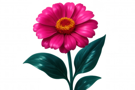 Illustration of a pink zinnia flower with glossy green leaves, isolated on a transparent background, perfect for floral designs - Powered by Adobe