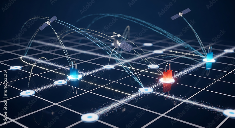 Poster network security illustration depicting satellites connecting to locks on a grid system with data tr