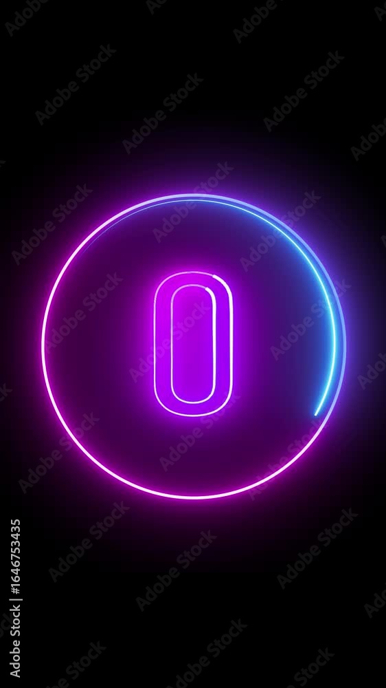 Poster Bright animated number zero symbol representing starting point vertical video. Glowing neon number zero displayed in a circle against a black background. Number zero countdown vertical video.