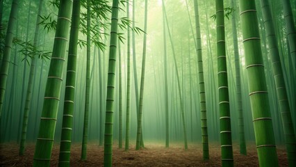 Fototapeta premium Sunlight filters through a dense misty bamboo forest creating an ethereal and serene natural landscape