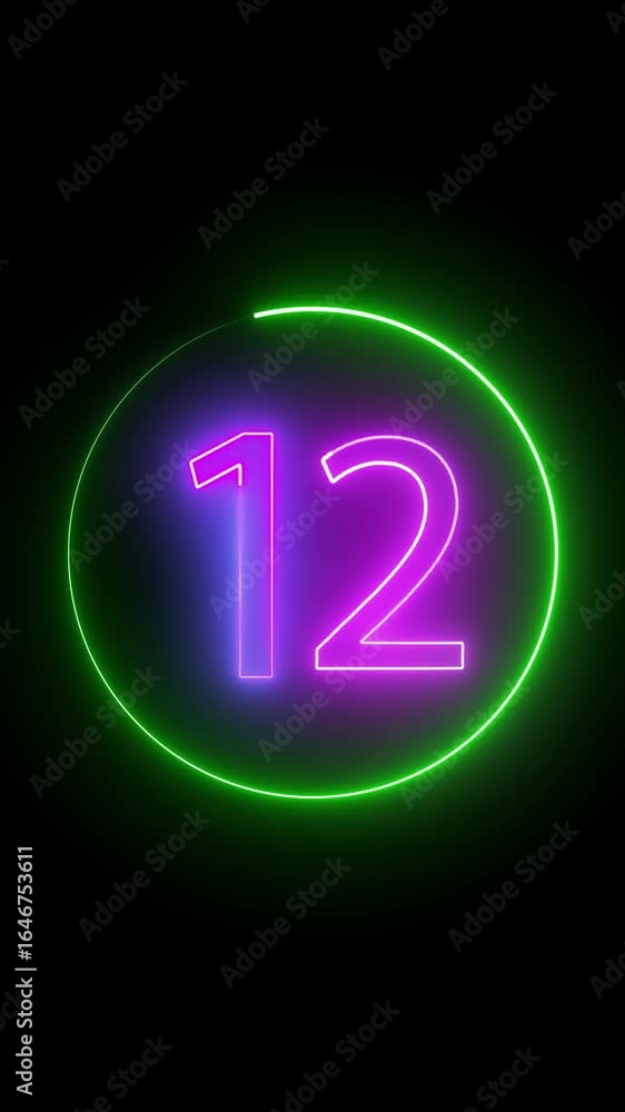Aufkleber animated countdown timer showing neon number 12 vertical video. animated neon light number twelve in