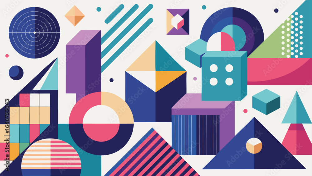 Poster various geometric shapes and lines in different colors set against a clean white background, creatin