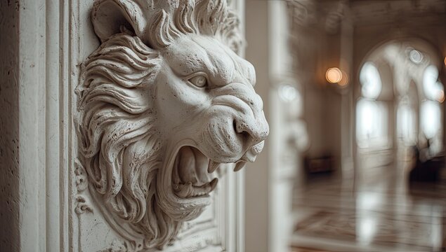 Close-up of a sculpted lion's head, carved from light beige stone, mounted on a pillar. Interior architecture with arches and a polished floor visible in the background - Powered by Adobe
