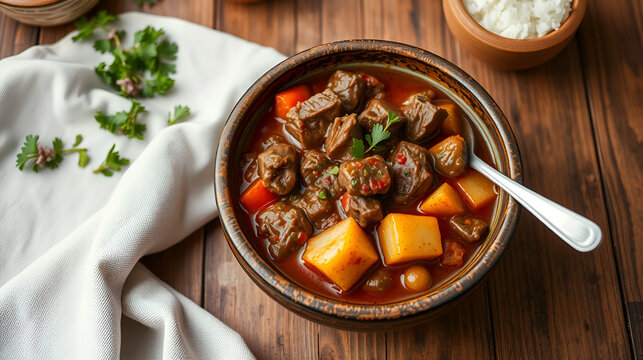 Hearty beef stew with vegetables in rustic bowl on wooden table