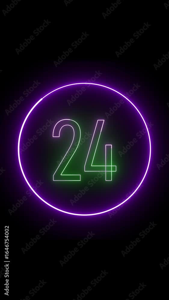 Poster Bright animated number 24 symbol showing position 24 vertical video. Illuminated neon sign displaying the number twenty four within a purple circle on black.