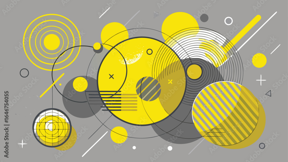 Poster abstract image with overlapping yellow circles on a white backdrop, showcasing a playful and dynamic