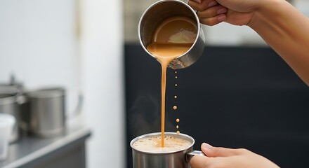 Close-up of a person pouring frothy, caramel-colored beverage into a metal cup