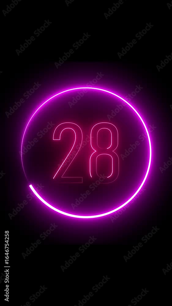 Poster neon number 28 animation for educational math visuals vertical video. glowing neon number twenty eig