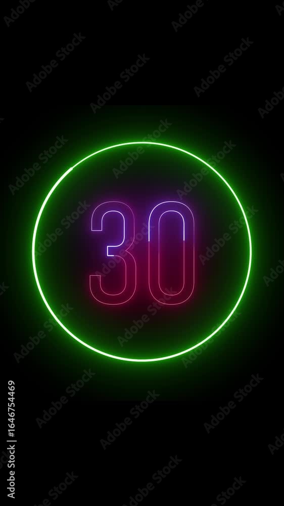Poster number 30 glowing in neon circle marking countdown complete vertical video. glowing neon sign displa