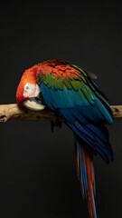 Fototapeta premium Scarlet macaw resting on perch with vibrant plumage against a dark backdrop